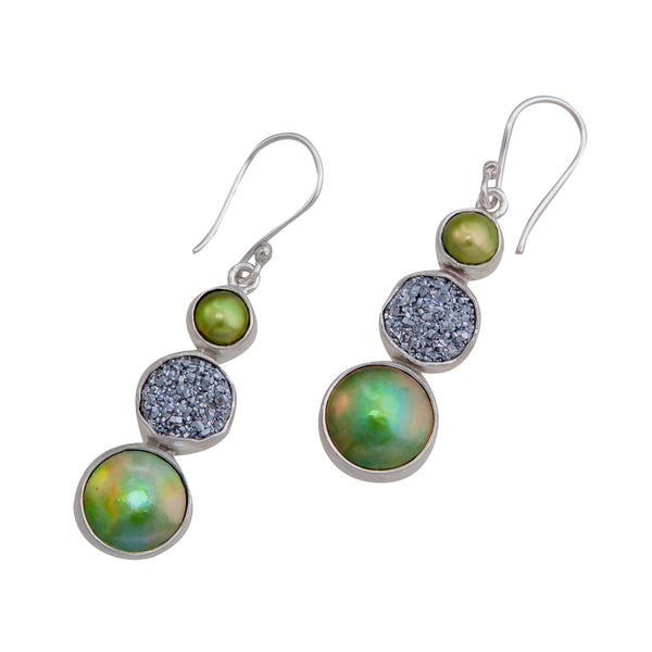 charles albert Sterling Silver Green Pearl & Platinum Druzy Drop Earrings Sterling Silver Earrings