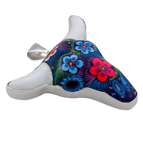 Charles Albert Sterling Silver Hand Painted Ceramic Cow Skull Pendant Sterling Silver Pendants