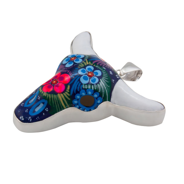 Charles Albert Sterling Silver Hand Painted Ceramic Cow Skull Pendant Sterling Silver Pendants