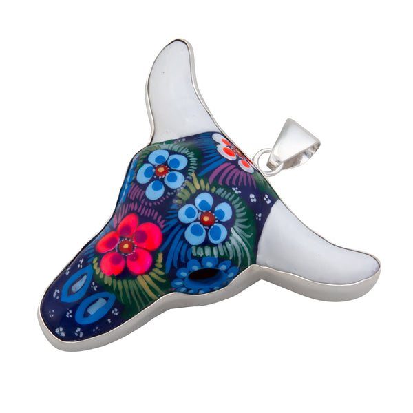 Charles Albert Sterling Silver Hand Painted Ceramic Cow Skull Pendant Sterling Silver Pendants