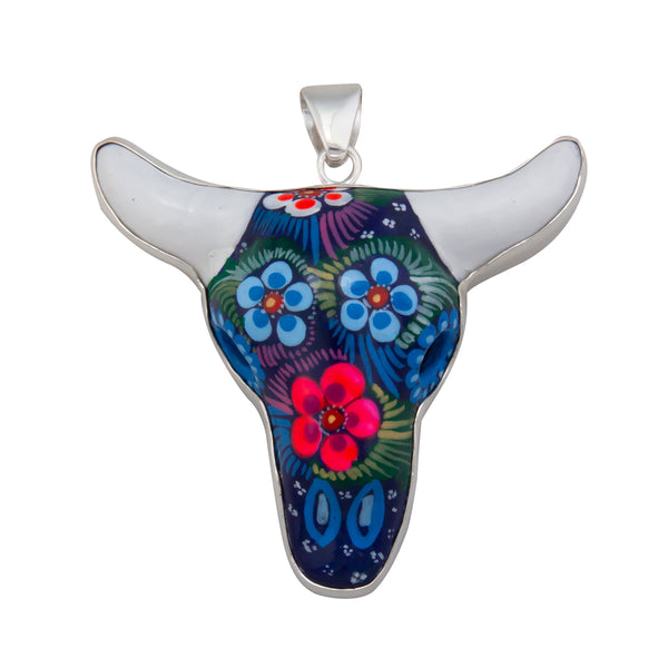 charles albert Sterling Silver Hand Painted Ceramic Cow Skull Pendant Sterling Silver Pendants