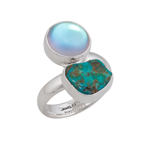 charles albert Sterling Silver Luminite & Campo Frio Turquoise Bypass Adjustable Ring Sterling Silver Rings