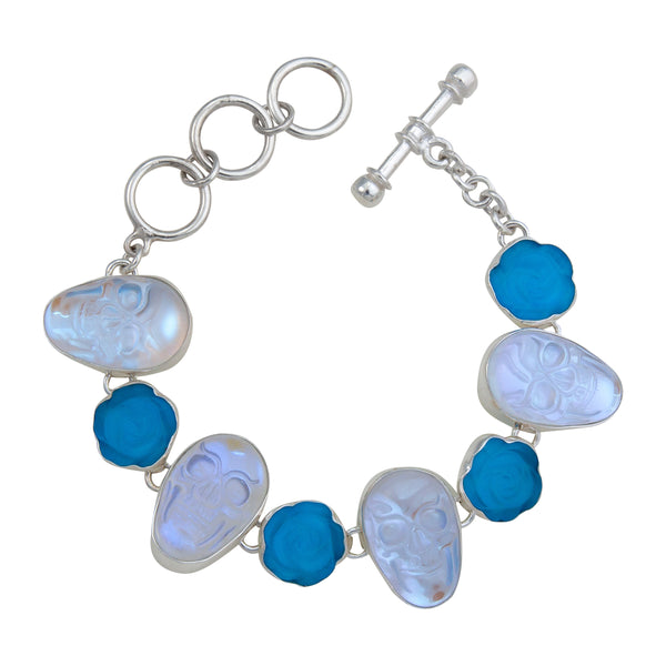 charles albert Sterling Silver Luminite Skull and Fiber Optic Rose Bracelet Sterling Silver Bracelets + Cuffs