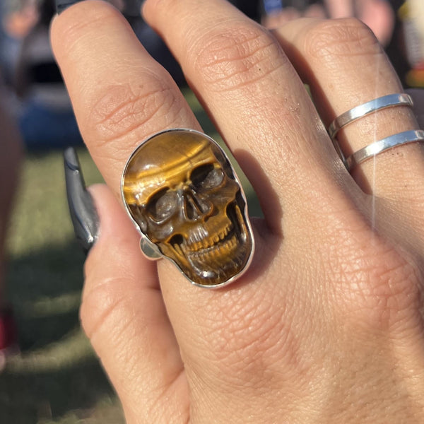 Charles Albert Sterling Silver Medium Tiger Eye Skull Adjustable Ring Sterling Silver Rings