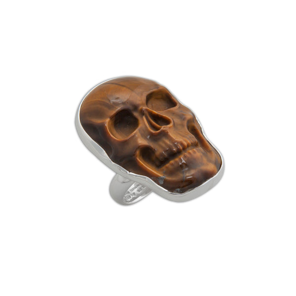 Charles Albert Sterling Silver Medium Tiger Eye Skull Adjustable Ring Sterling Silver Rings