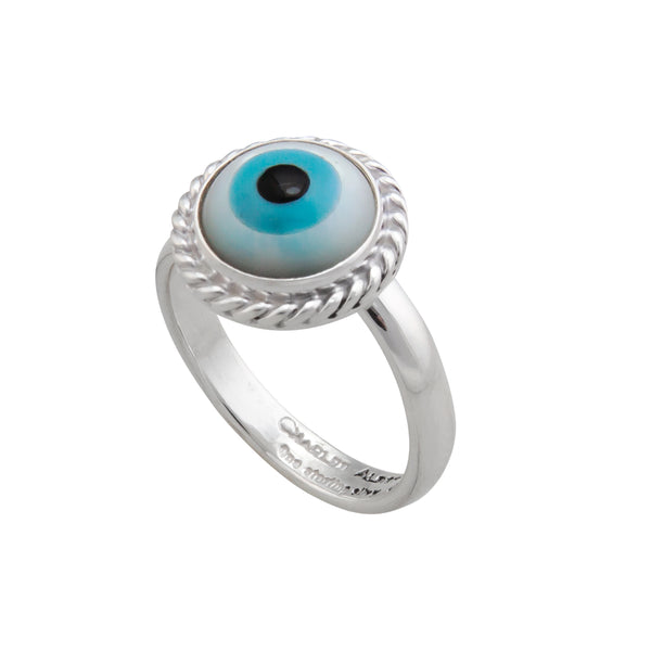 Charles Albert Sterling Silver Mother Of Pearl Evil Eye Adjustable Rope Ring Sterling Silver Rings