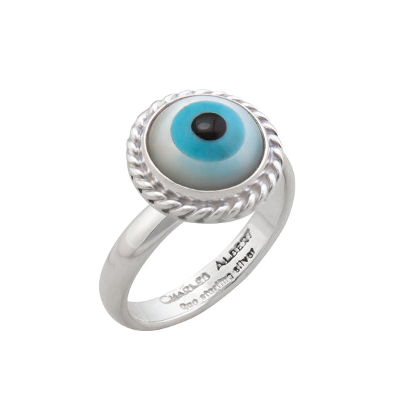 Charles Albert Sterling Silver Mother Of Pearl Evil Eye Adjustable Rope Ring Sterling Silver Rings