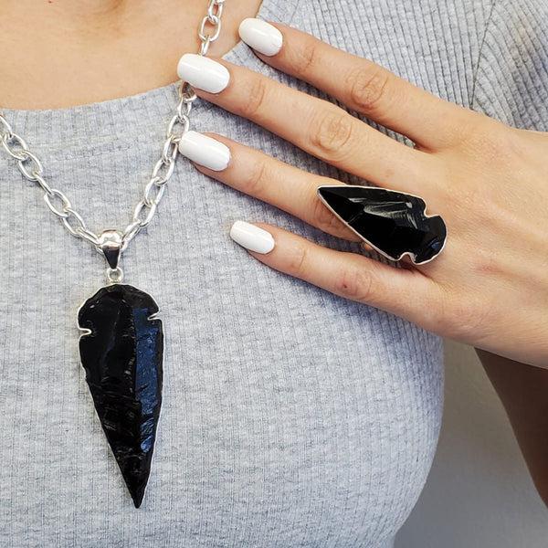 Charles Albert Sterling Silver Obsidian Arrowhead Adjustable Ring Sterling Silver Rings