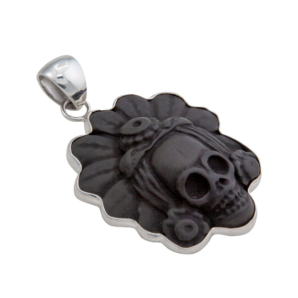 Charles Albert Sterling Silver Obsidian Skull With Headdress Pendant Sterling Silver Pendants