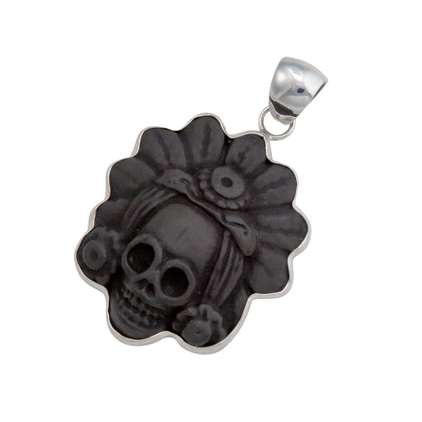 Charles Albert Sterling Silver Obsidian Skull With Headdress Pendant Sterling Silver Pendants