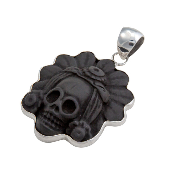Charles Albert Sterling Silver Obsidian Skull With Headdress Pendant Sterling Silver Pendants