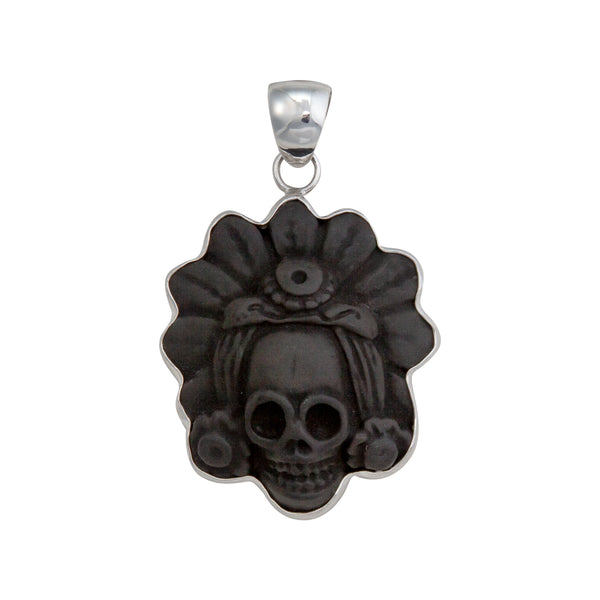 charles albert Sterling Silver Obsidian Skull with Headdress Pendant Sterling Silver Pendants