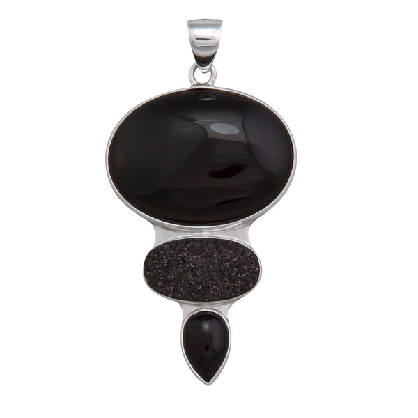 charles albert Sterling Silver Onyx and Black Druzy Triple Pendant Sterling Silver Pendants
