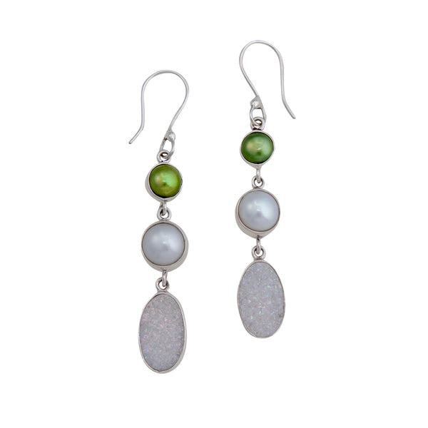 charles albert Sterling Silver Pearl and White Druzy Drop Earrings Sterling Silver Earrings