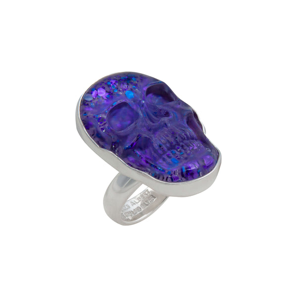 Charles Albert Sterling Silver Purple Glitter Quartz Skull Adjustable Ring Sterling Silver Rings