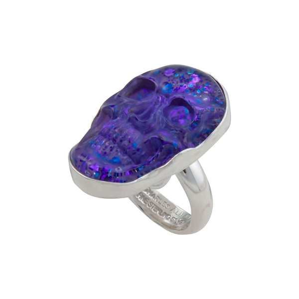 Charles Albert Sterling Silver Purple Glitter Quartz Skull Adjustable Ring Sterling Silver Rings