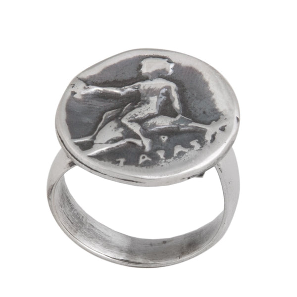 Charles Albert Sterling Silver Replica Boy On Dolphin Greek Coin Adjustable Ring Sterling Silver Rings