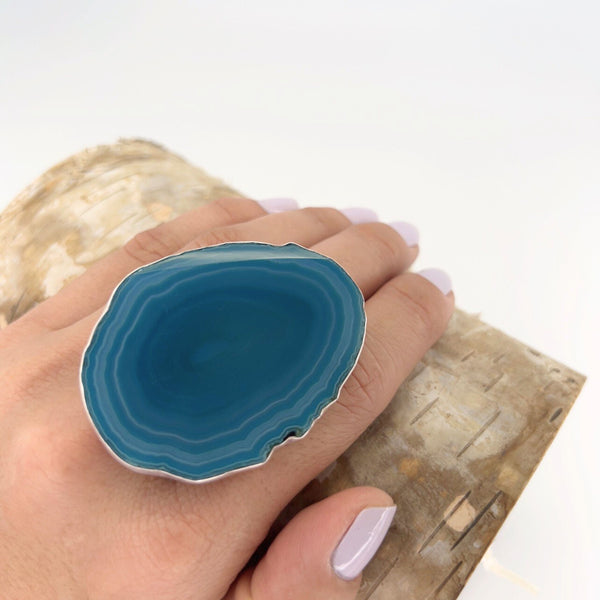 Charles Albert Sterling Silver Teal Agate Slice Adjustable Ring 30% Off - Discontinued Items
