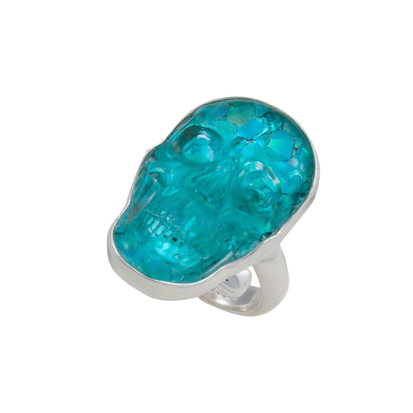 Charles Albert Sterling Silver Teal Glitter Skull Quartz Adjustable Ring Sterling Silver Rings