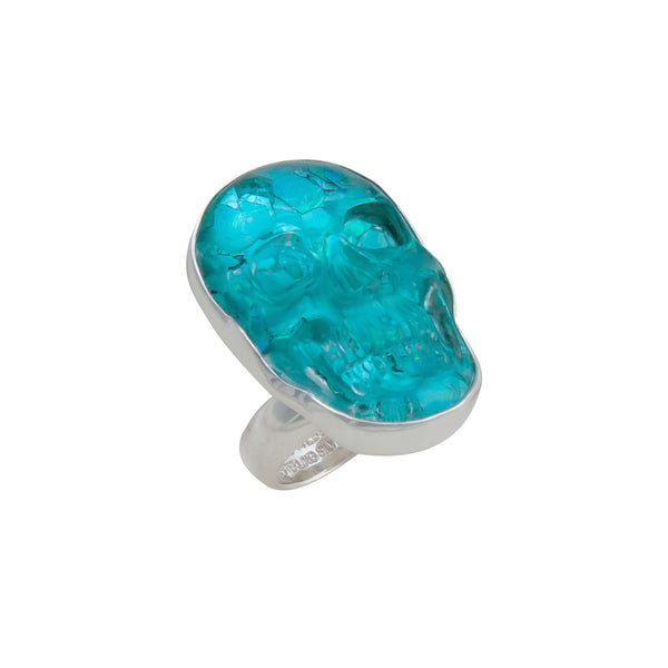 Charles Albert Sterling Silver Teal Glitter Skull Quartz Adjustable Ring Sterling Silver Rings