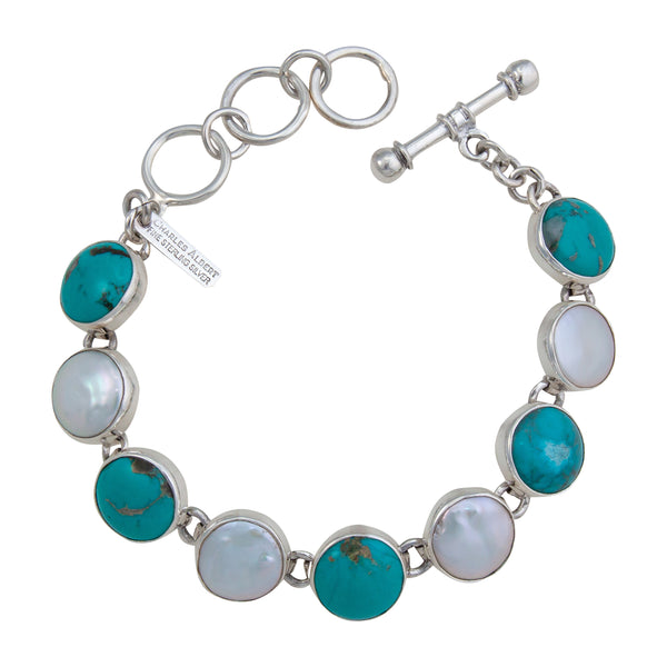 charles albert Sterling Silver Turquoise and Pearl Bracelet Sterling Silver Bracelets + Cuffs