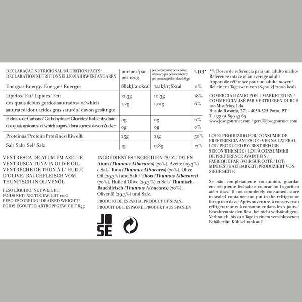 Charles And Marie Bauchfleisch Vom THUNFISCH In Olivenöl | Feinkost FISCHKONSERVE | 120gr | José Gourmet