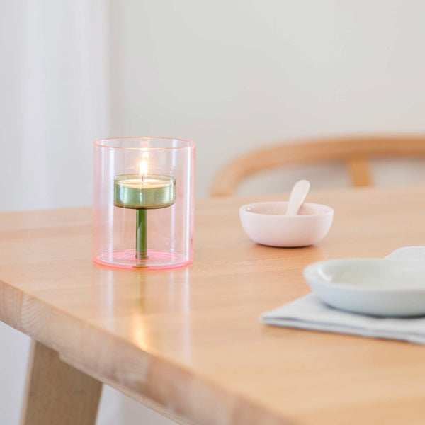 Charles And Marie DUO TONE Tea Light Holder - Zweifarbiger Glas-Teelicht-Halter Pink & Grün | Block Design