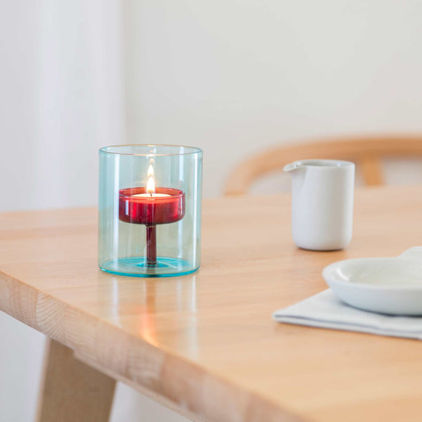 Charles And Marie DUO TONE Tea Light Holder - Zweifarbiger Glas-Teelicht-Halter Blau & Rot | Block Design