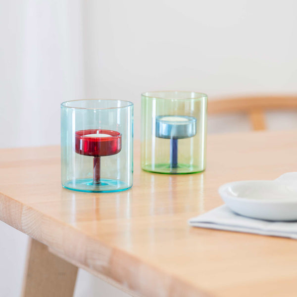 Charles And Marie DUO TONE Tea Light Holder - Zweifarbiger Glas-Teelicht-Halter Blau & Rot | Block Design