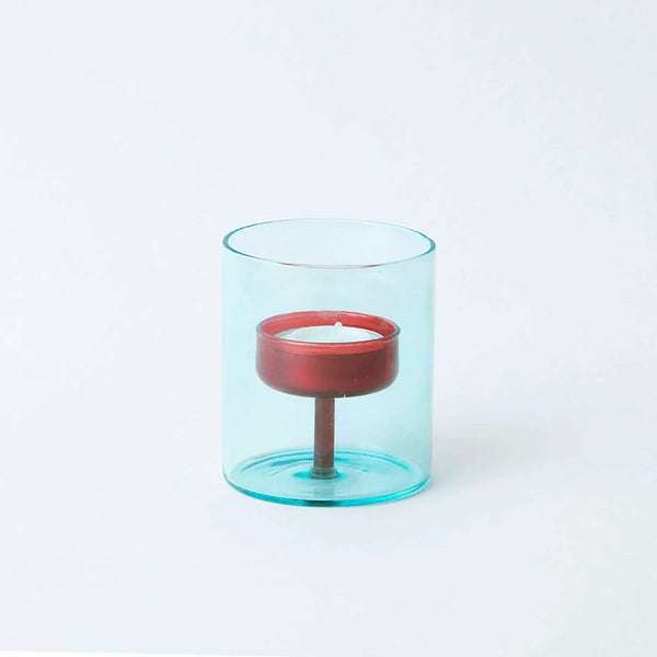 charles and marie DUO TONE Tea Light Holder - zweifarbiger Glas-Teelicht-Halter Blau & Rot | Block Design