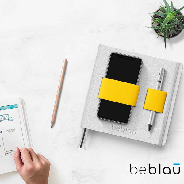 charles and marie FLEX Hellgrau - NOTIZBUCH mit integriertem gelbem ORGANIZER-Band - 18x18 cm | beblau