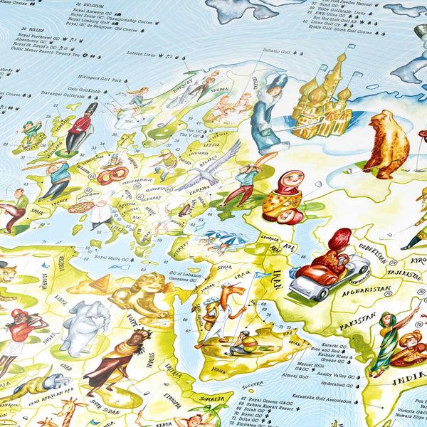 Charles And Marie GOLF MAP | Illustrierte Golf-Sport WELTKARTE | 98x56cm | Awesome Maps