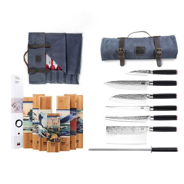 charles and marie NOMAD KNIFE SET in BAG | Profi Reise-MESSER-SET | 6 Messer Wetzstahl und Tasche | Kotai