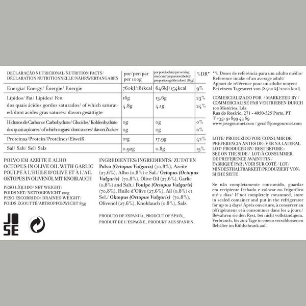 Charles And Marie OKTOPUS In Olivenöl & Knoblauch | Feinkost FISCHKONSERVE | 120gr | José Gourmet