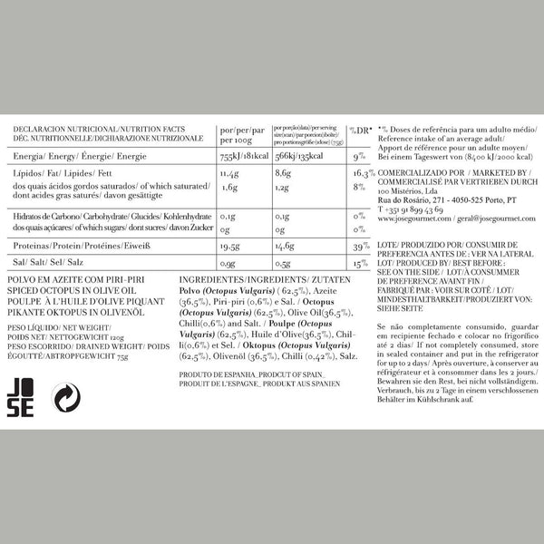 Charles And Marie OKTOPUS In Olivenöl & PiriPiri | Feinkost FISCHKONSERVE | 120gr | José Gourmet