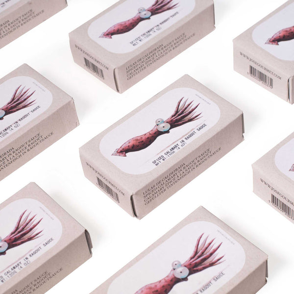 charles and marie Pikant gefüllte KALAMARTUBEN in Ragoutsauce | Feinkost FISCHKONSERVE | 120gr | José Gourmet