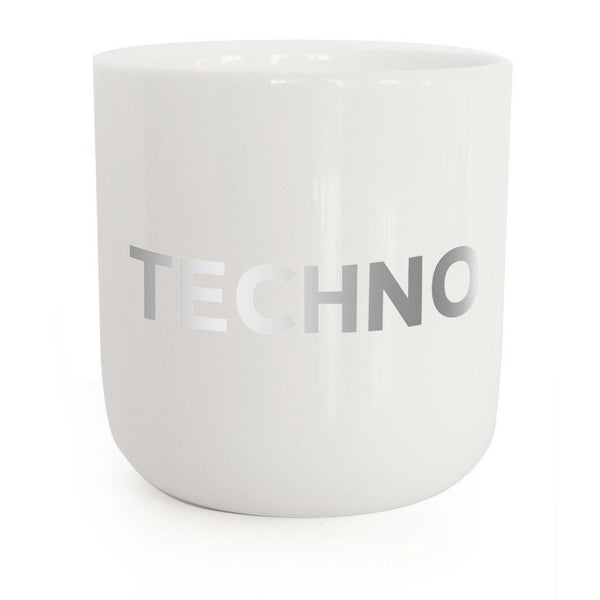 charles and marie TECHNO | weisser Kaffee- & Tee-BECHER mit silberner Typo | Limited Edition Beat Serie | PLTY