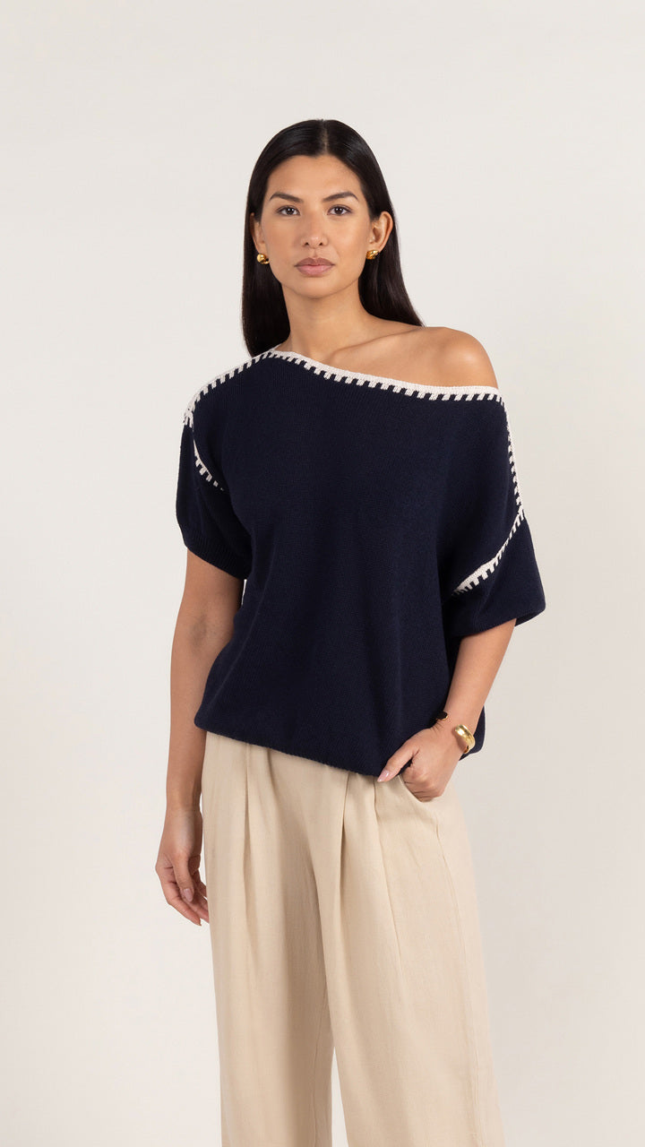 Charli Billie Short Sleeve Cotton Knit - Deep Blue Tops