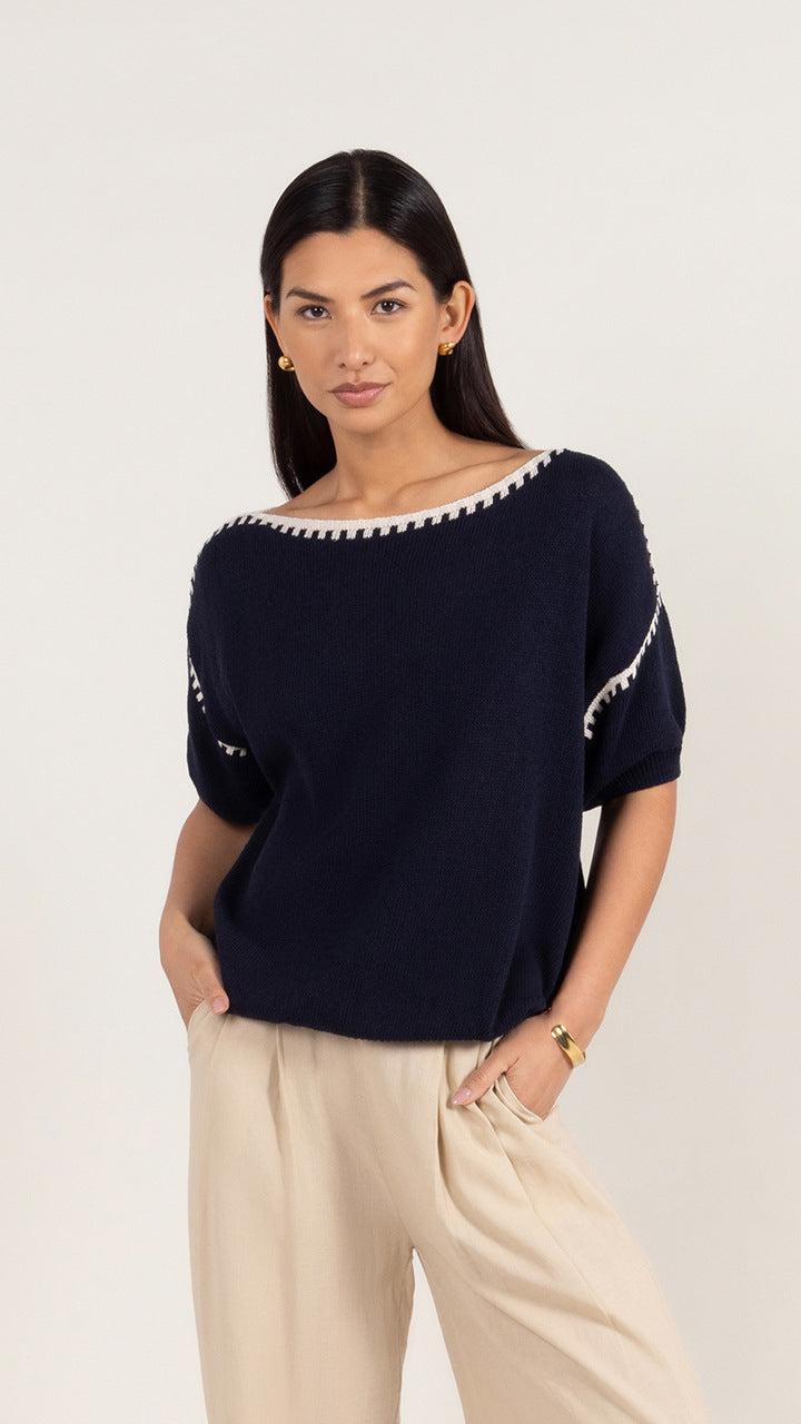 Charli Billie Short Sleeve Cotton Knit - Deep Blue Tops