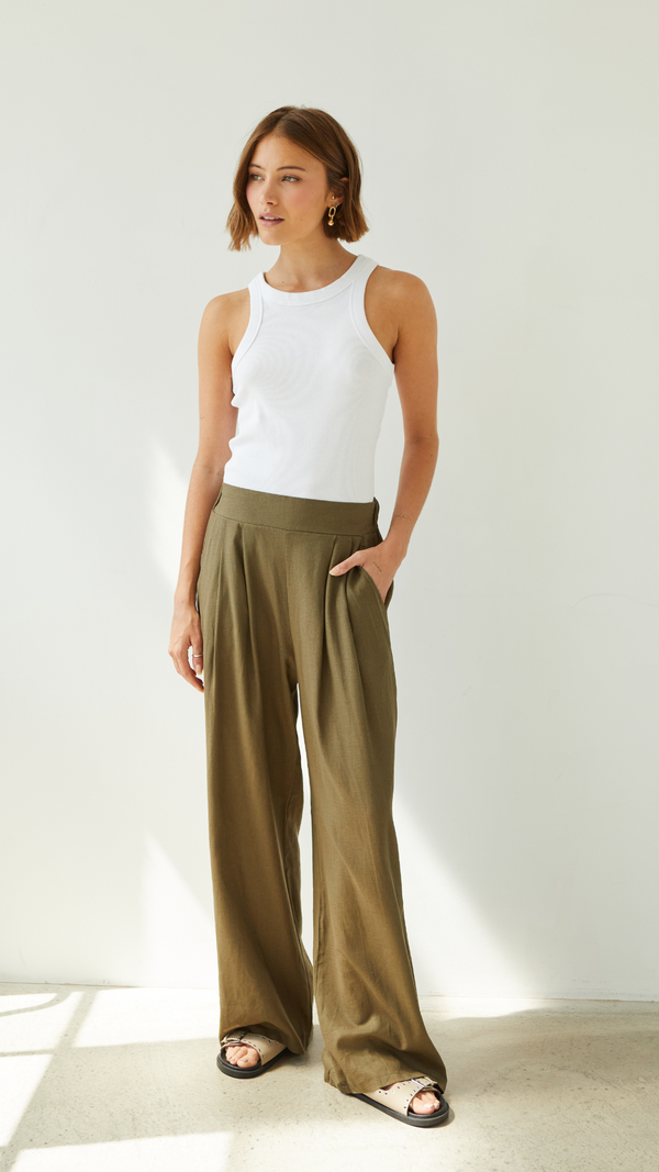 Charli Alexis Linen Trousers - Khaki Trousers