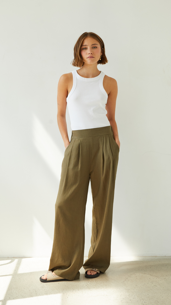 Charli Alexis Linen Trousers - Khaki Trousers