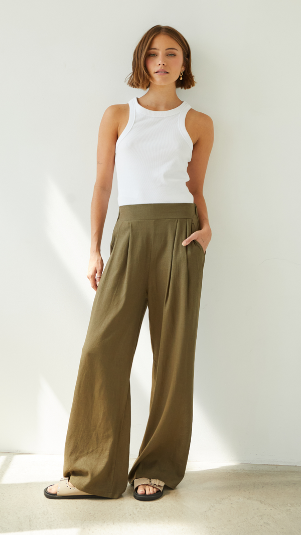 Charli Alexis Linen Trousers - Khaki Trousers