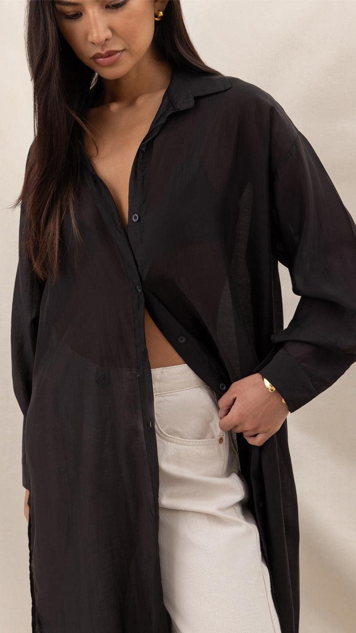 Charli Izzie Long Shirt - Black Blouses