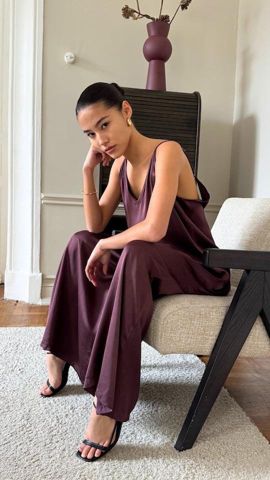 Charli Natalie Satin Jumpsuit - Burgundy Jumpsuit