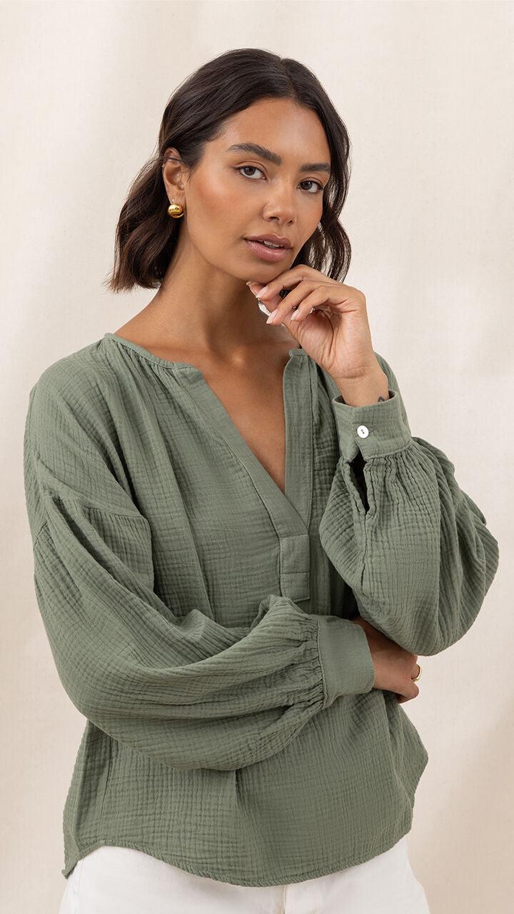 Charli Peach Cotton Shirt - Khaki Tops