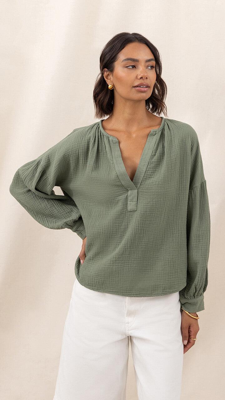Charli Peach Cotton Shirt - Khaki Tops