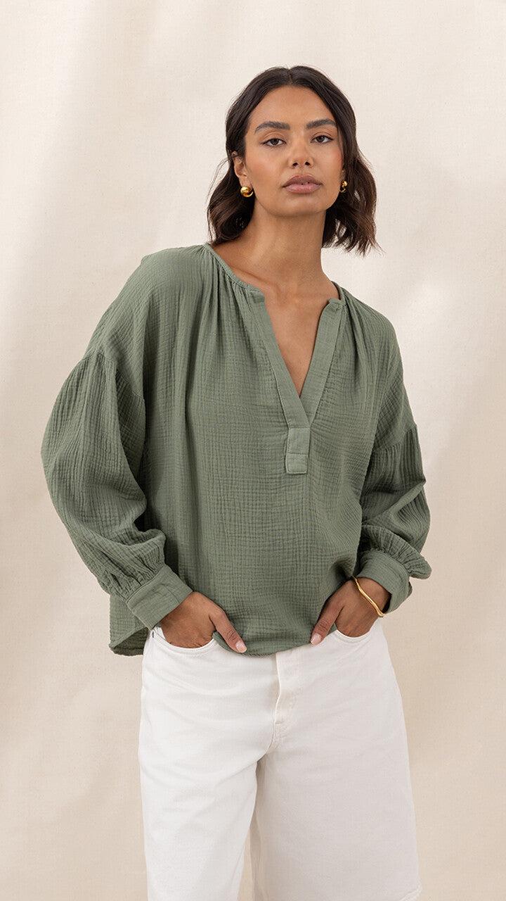 charli Peach Cotton Shirt - Khaki Tops