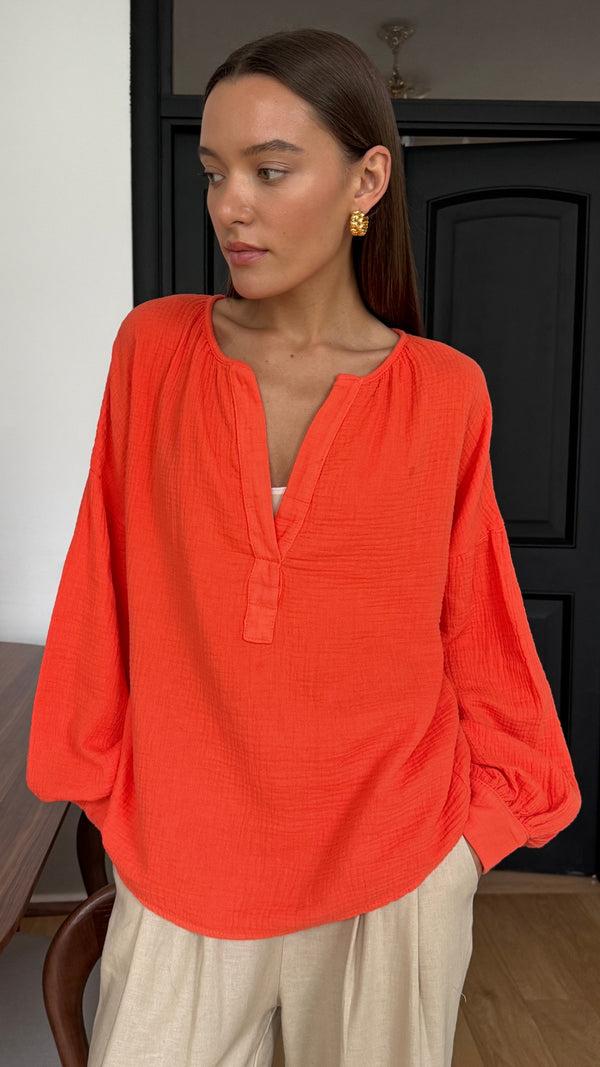 Charli Peach Cotton Shirt - Tangerine Tops