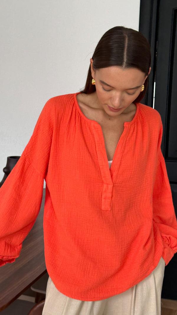 Charli Peach Cotton Shirt - Tangerine Tops