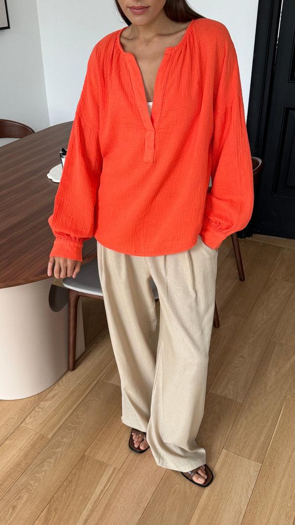 Charli Peach Cotton Shirt - Tangerine Tops